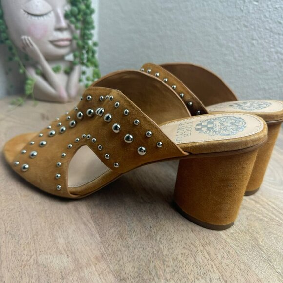 Vince Camuto Jorlyn Studded Leather‎ Block Heel Sandals Size 7M Tan Women Mules - Picture 3 of 11